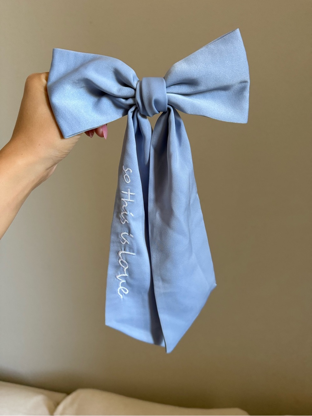 Anthropologie Light Blue Embroidered Bow Hair Tie